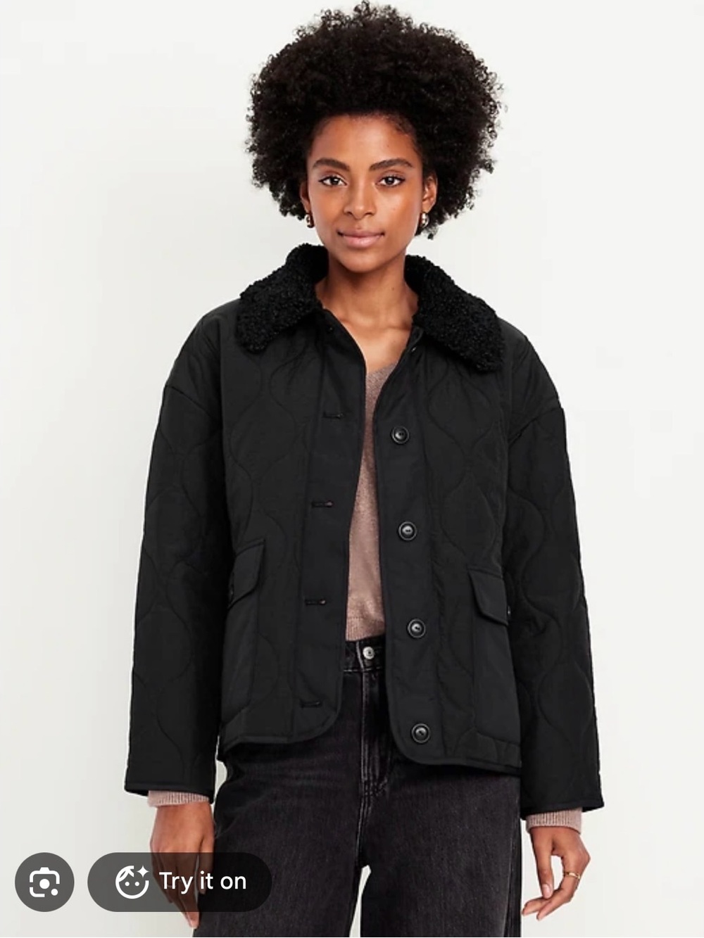 Old Navy Black Quilted Puffer Jacket with Sherpa Collar